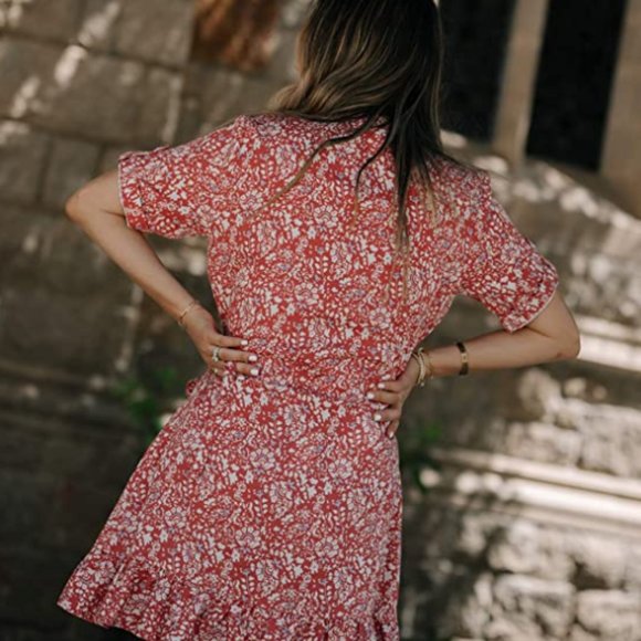 The Drop Women's Standard Red Print Ruffle Wrap Micro Mini Dress - Picture 4 of 5